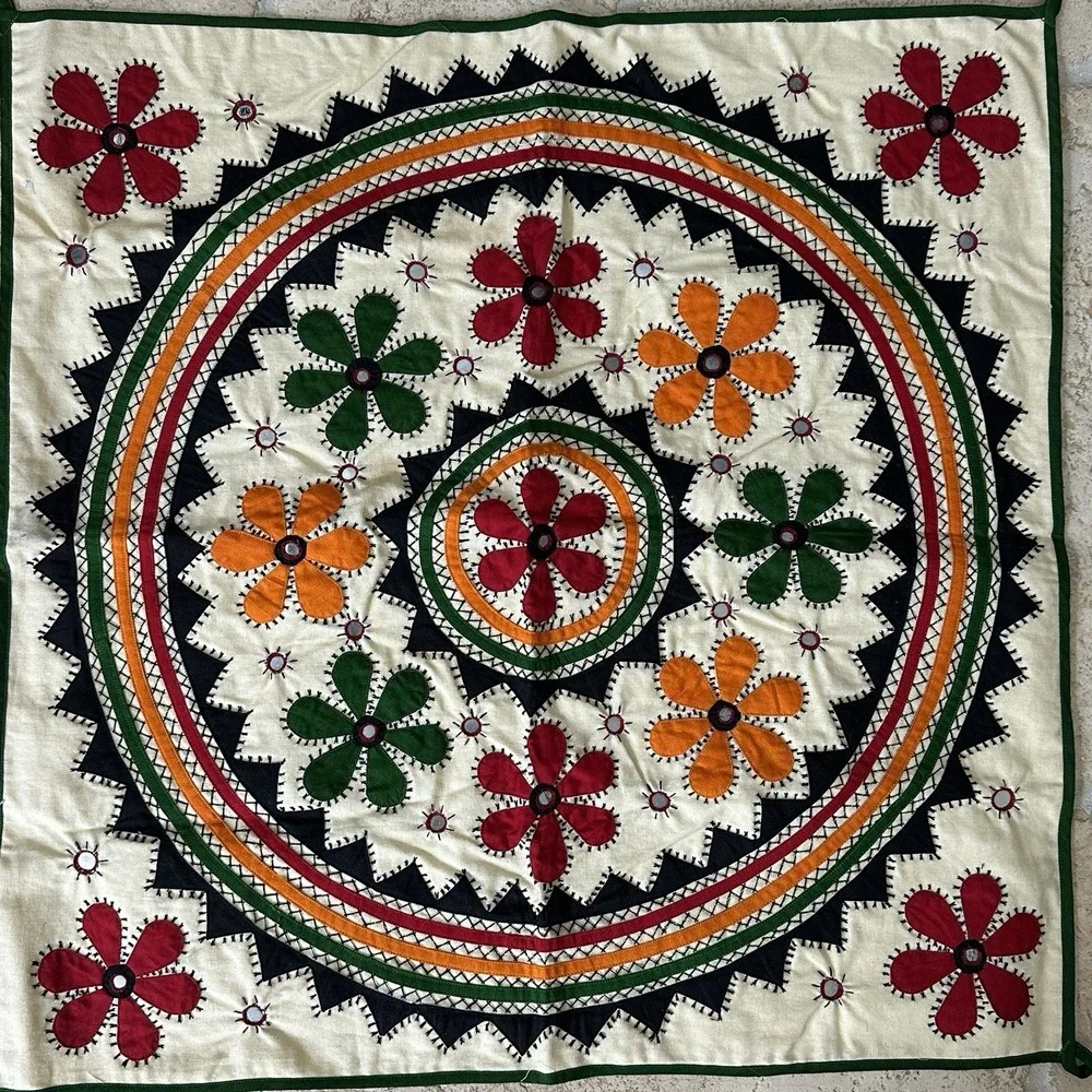 Uzbek Suzani Embroidered Wall Hanging‎ Tapestry 23x23 Inch Medallion Crystals